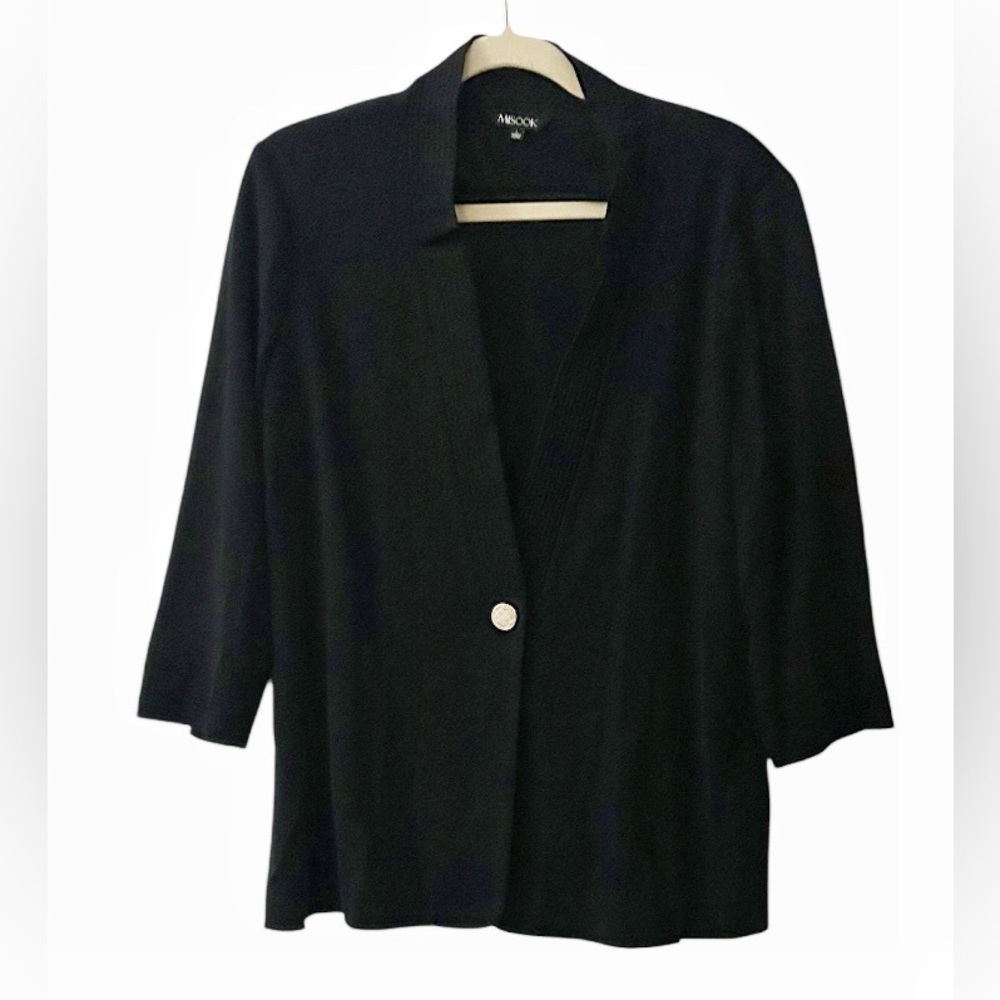 Misook Black Cardigan Sweater Size Large Knit Blazer Gold Tone Single Button